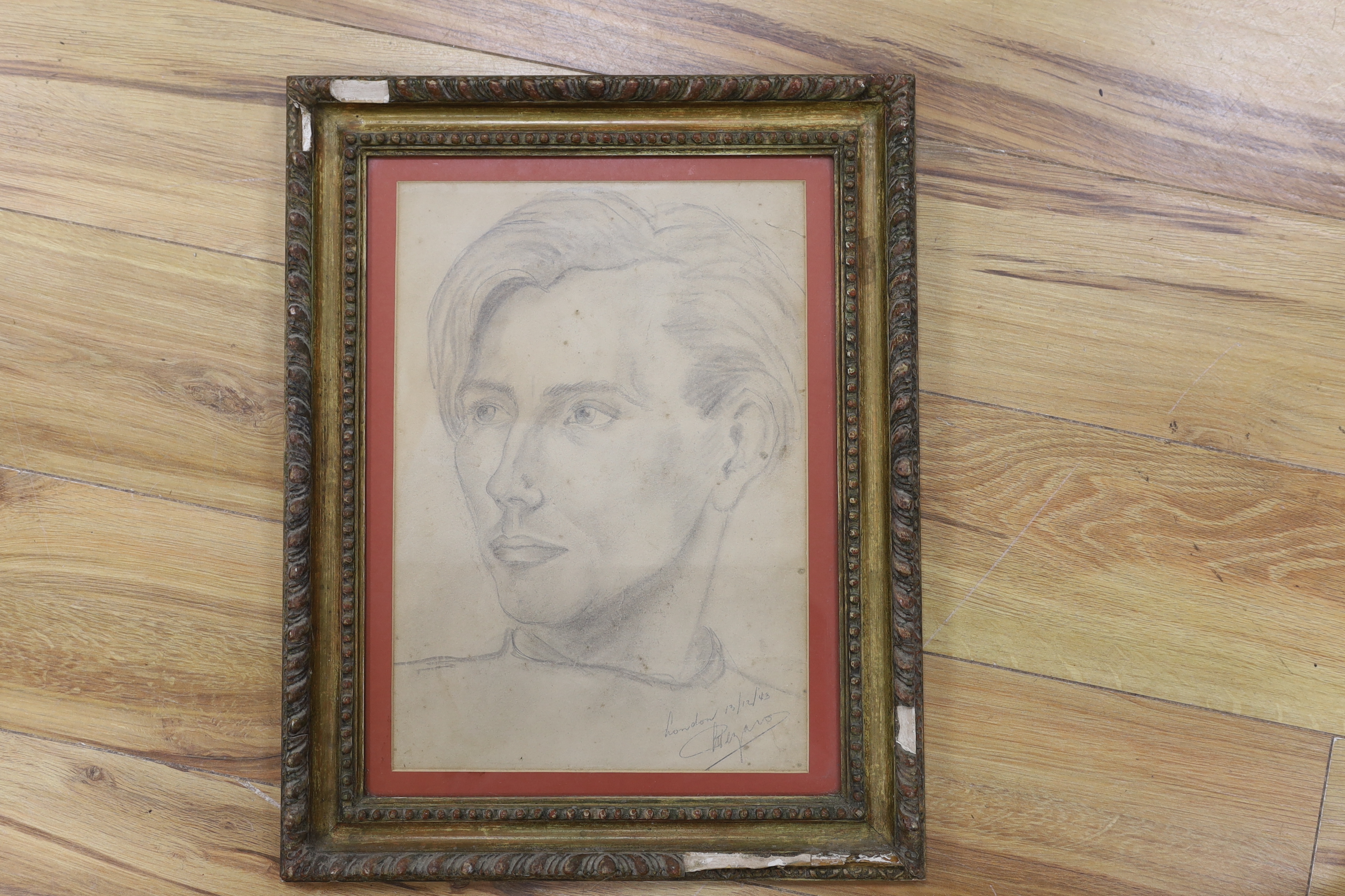 Mid 20th century English School, pencil, Study of a young man, inscribed London 13/12/43, indistinctly signed, 36 x 25cm